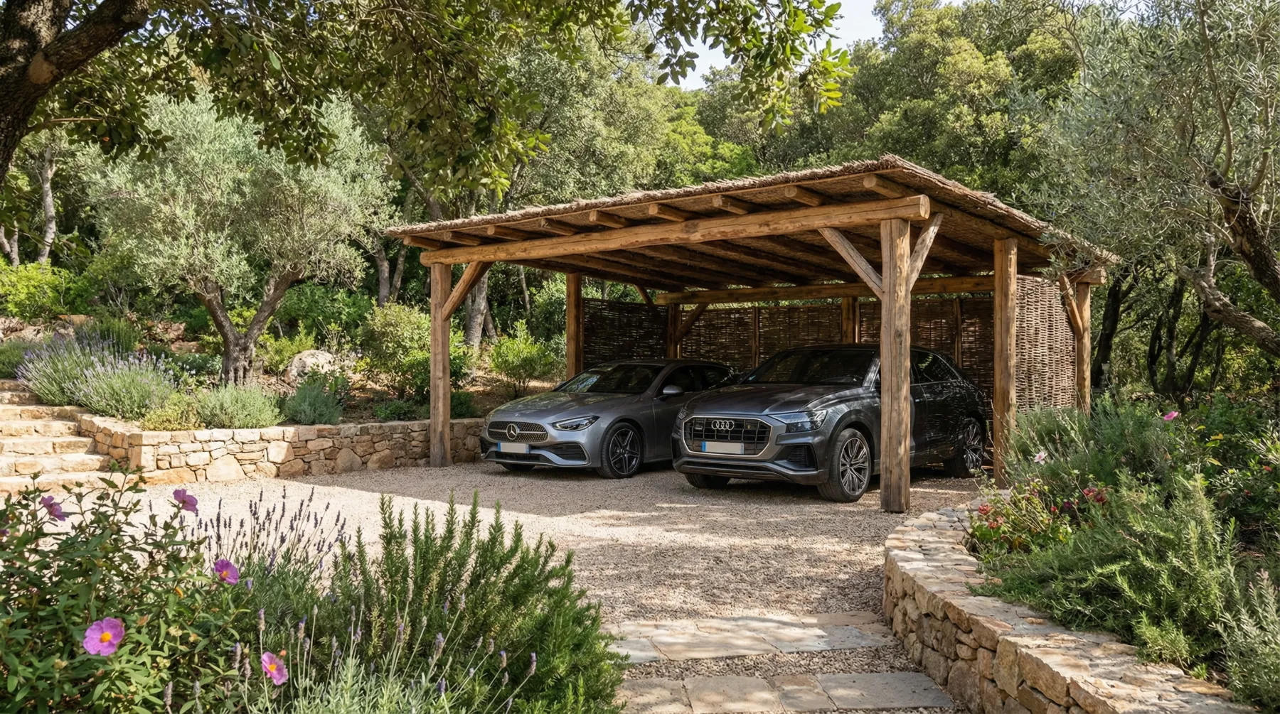 The thatched carport