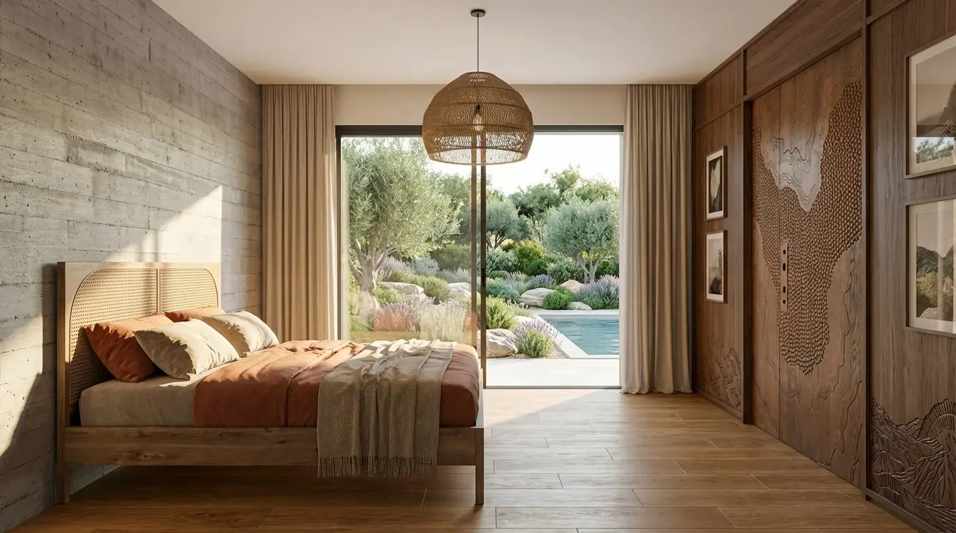 A bedroom, pool view