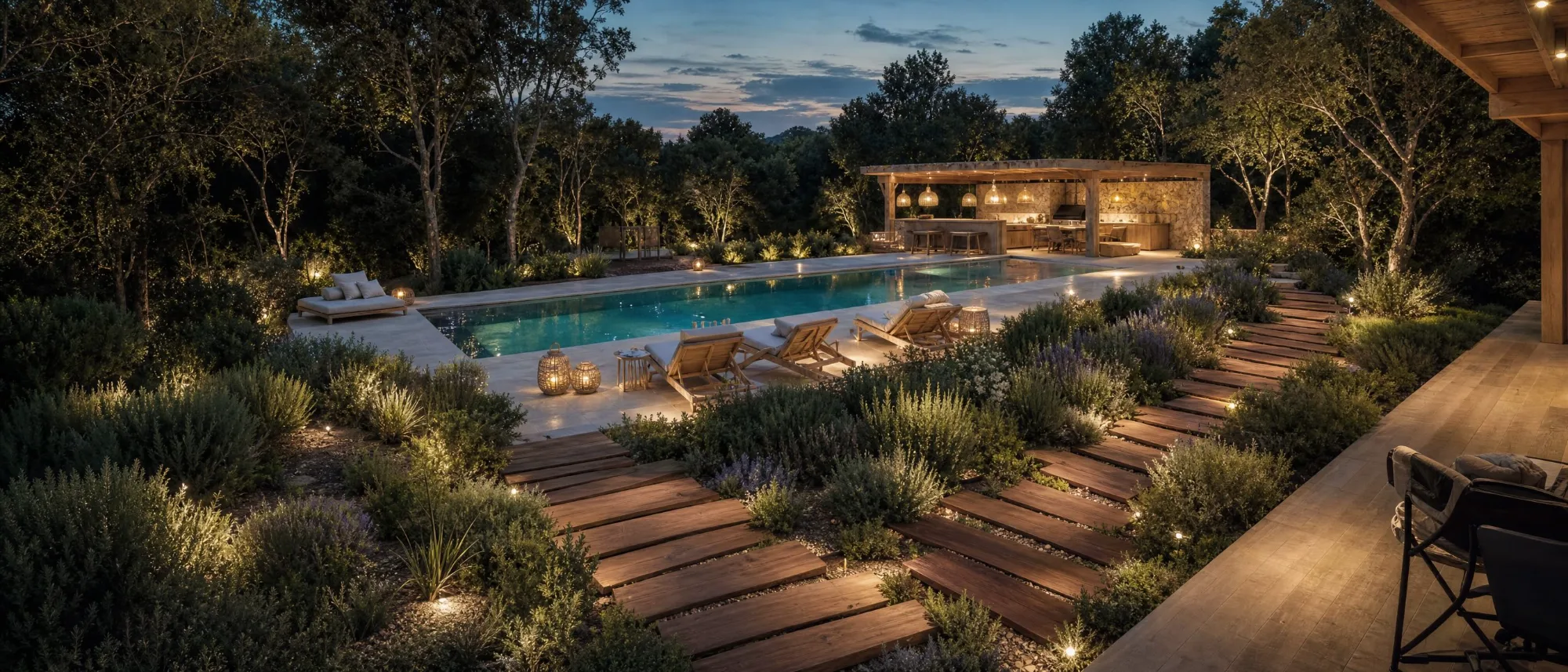 The pool and summer kitchen at dusk